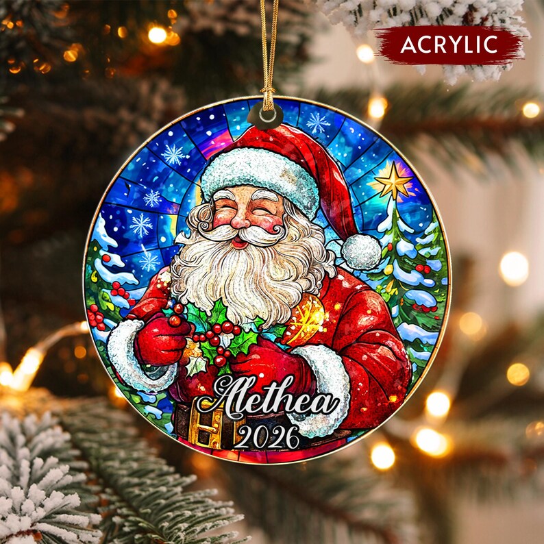 Santa Kid Name Crystal Glass Ornament