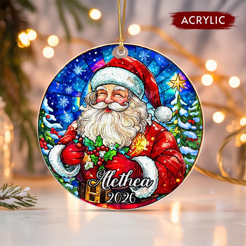 Santa Kid Name Crystal Glass Ornament