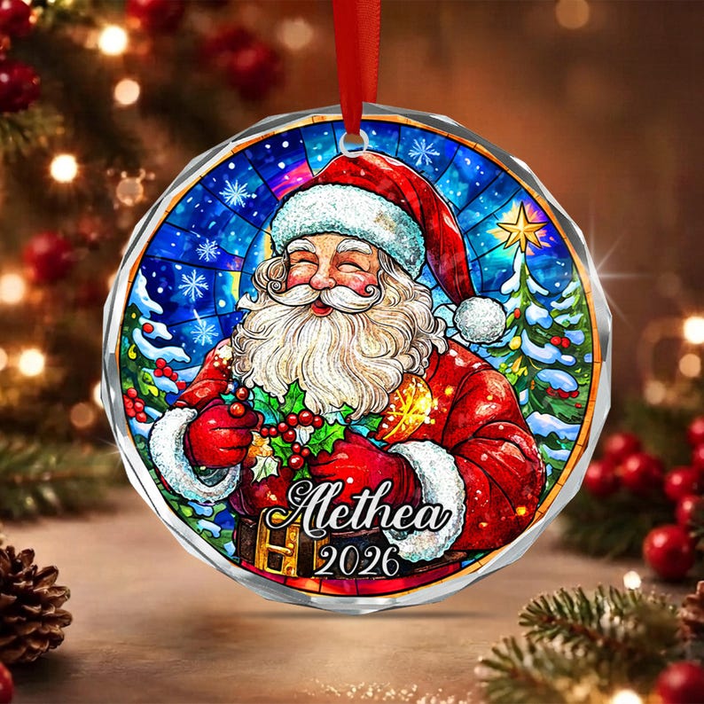 Santa Kid Name Crystal Glass Ornament