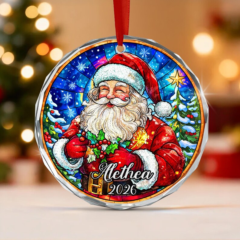 Santa Kid Name Crystal Glass Ornament