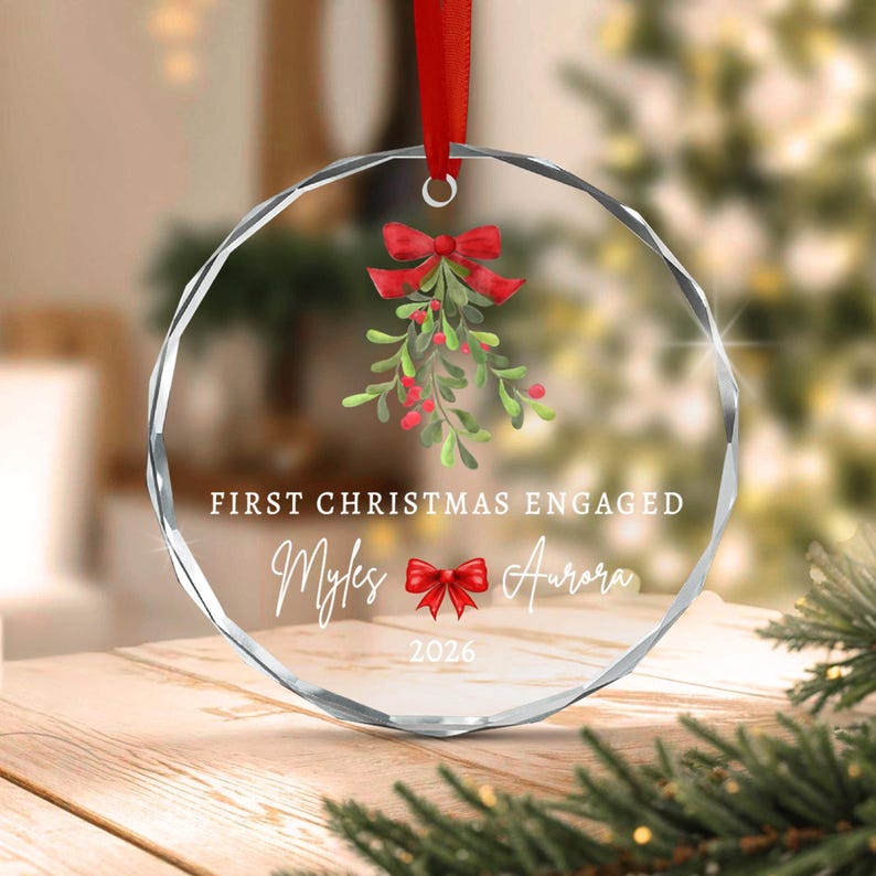 Mistletoe Engaged Couple Christmas Ornament
