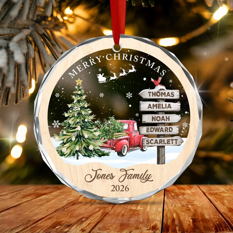 Winter Red Truck Family Name Ornament
