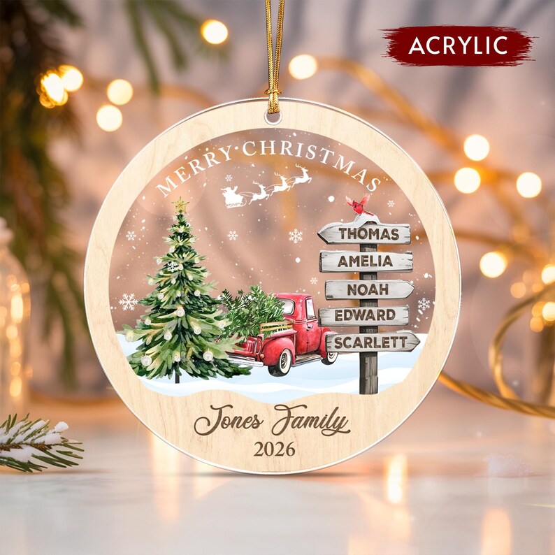 Winter Red Truck Family Name Ornament