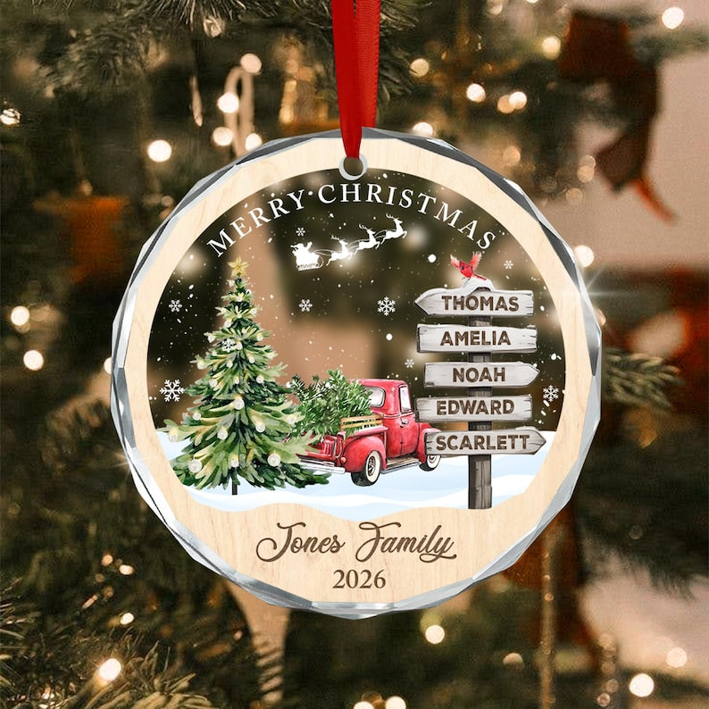 Winter Red Truck Family Name Ornament