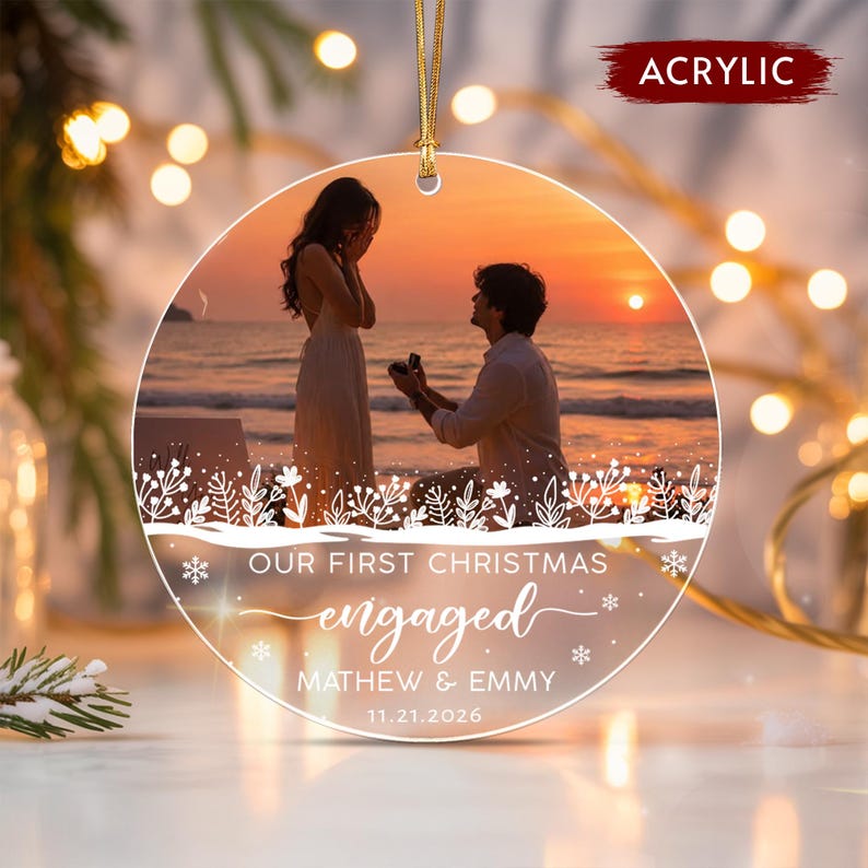Engagement Couple Photo Glass Ornament