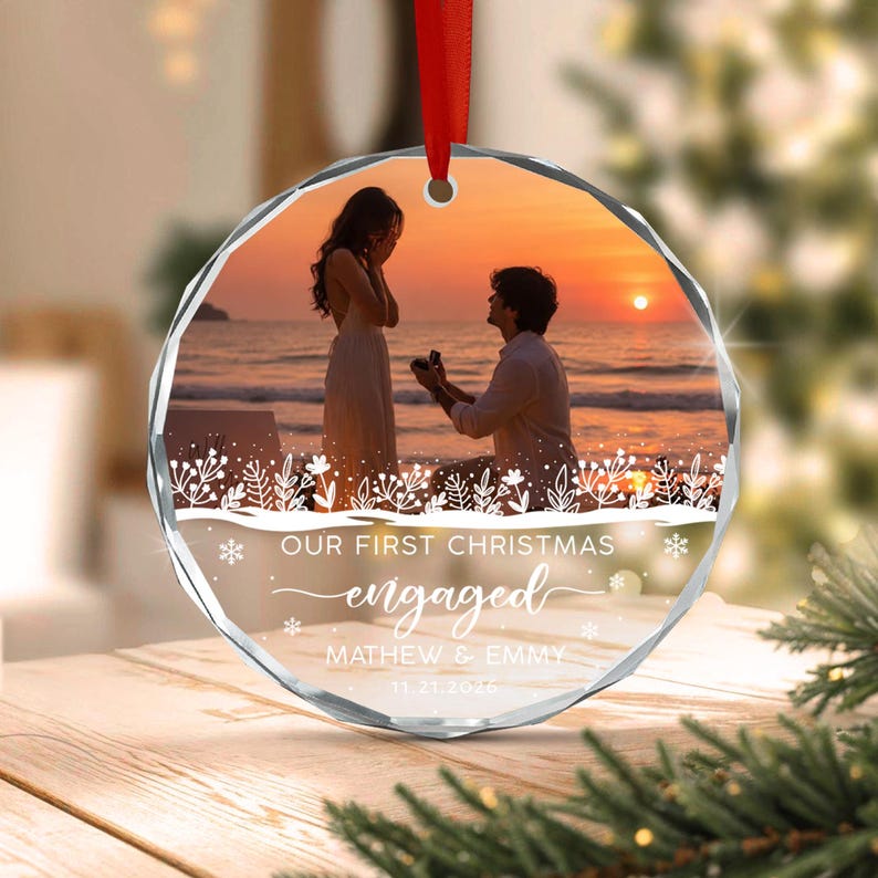 Engagement Couple Photo Glass Ornament