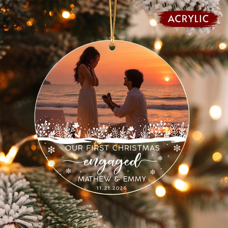 Engagement Couple Photo Glass Ornament
