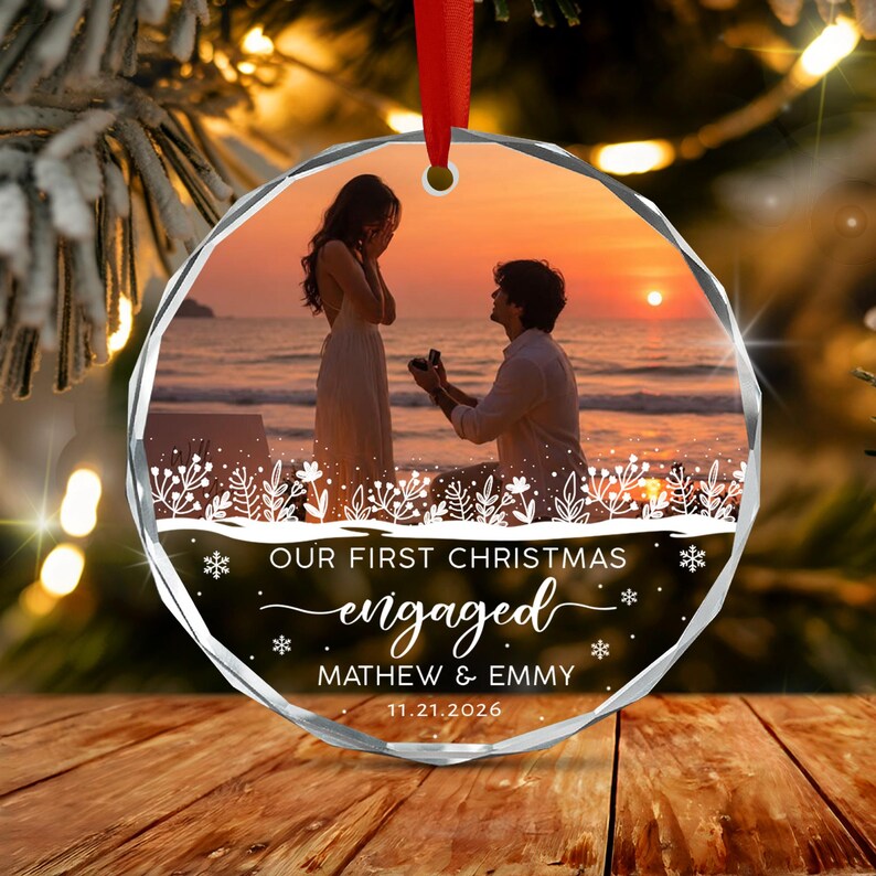 Engagement Couple Photo Glass Ornament