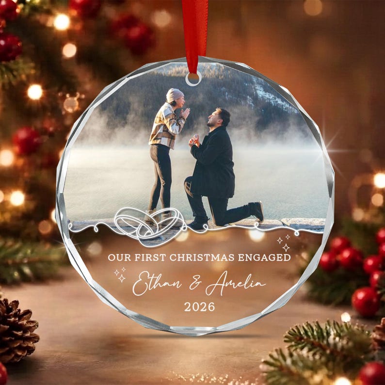 Custom First Engaged Christmas Photo Ornament