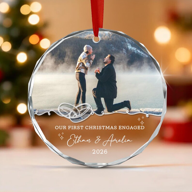 Custom First Engaged Christmas Photo Ornament