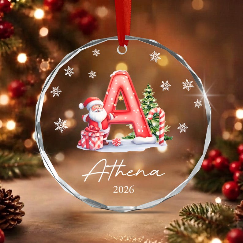 Santa Claus Initial Kid Name Glass Ornament