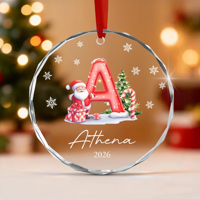 Santa Claus Initial Kid Name Glass Ornament