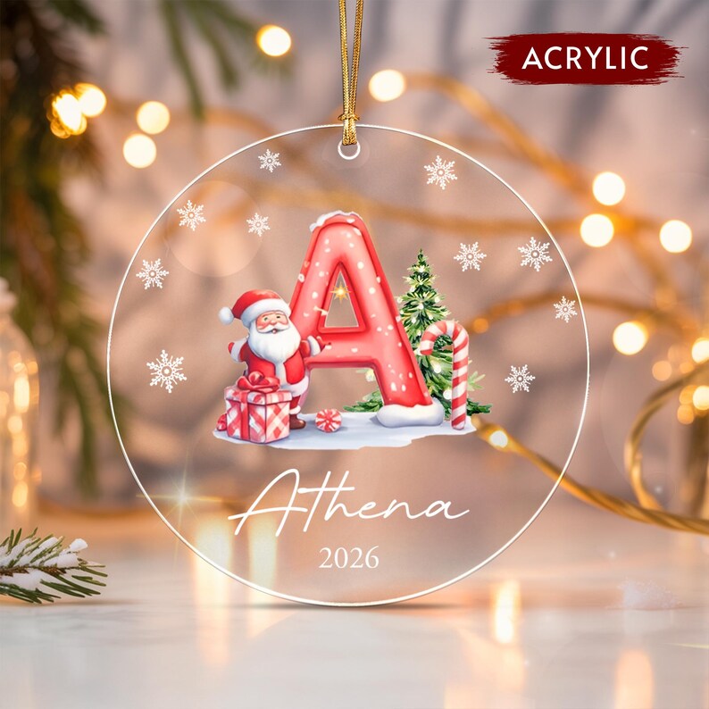 Santa Claus Initial Kid Name Glass Ornament