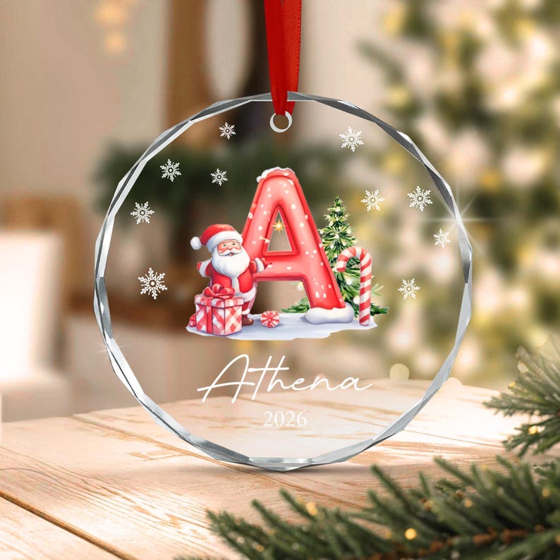 Santa Claus Initial Kid Name Glass Ornament