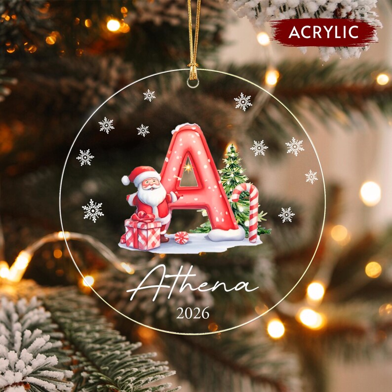 Santa Claus Initial Kid Name Glass Ornament