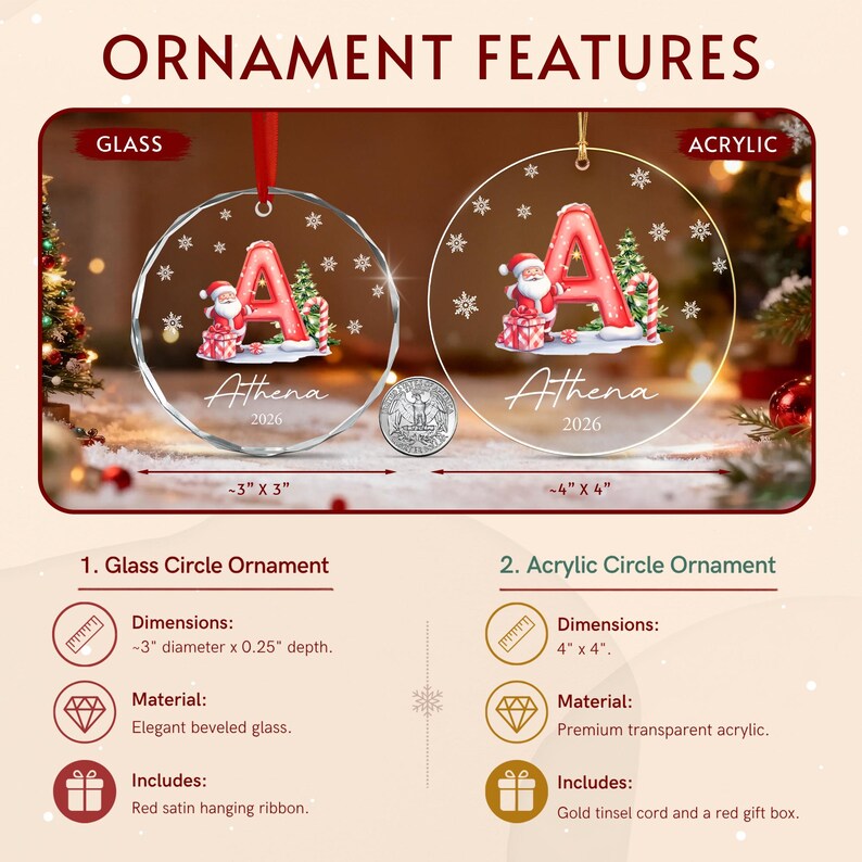 Two circular Christmas ornaments, one glass and one acrylic, both featuring a red letter A, a Santa Claus figure, a Christmas tree, and the name Athena with the year 2026.