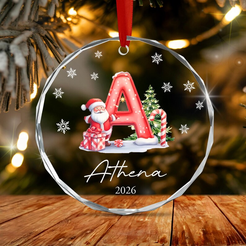 Santa Claus Initial Kid Name Glass Ornament