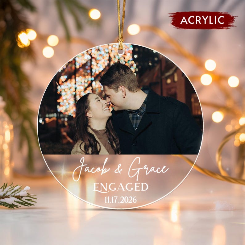 Engaged Couple Christmas Photo Ornament