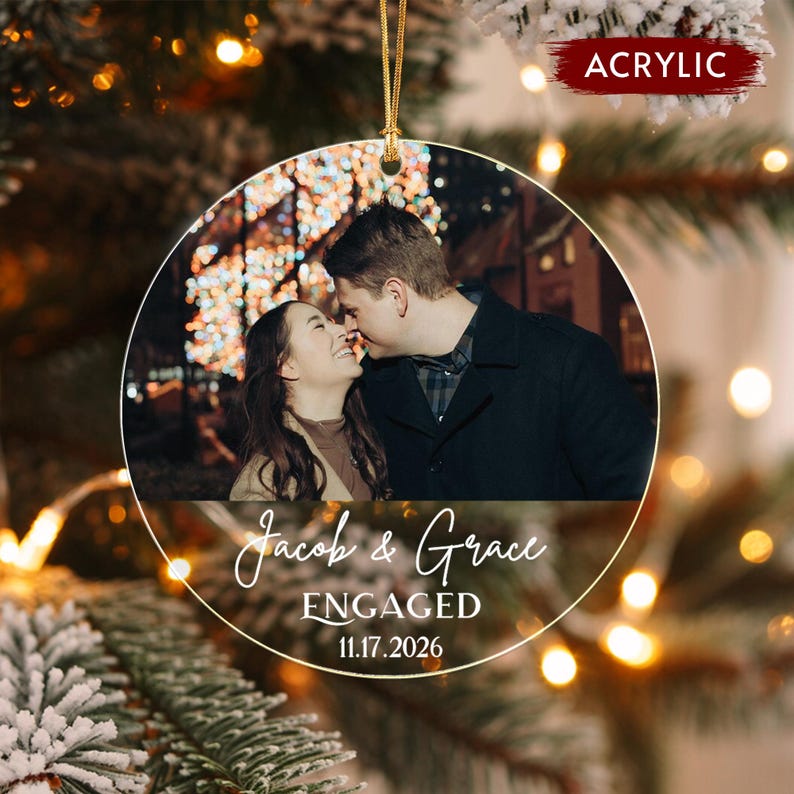 Engaged Couple Christmas Photo Ornament