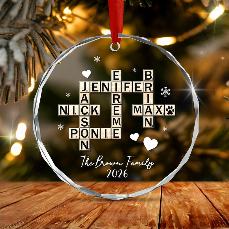 Family Name Crossword Glass Ornament