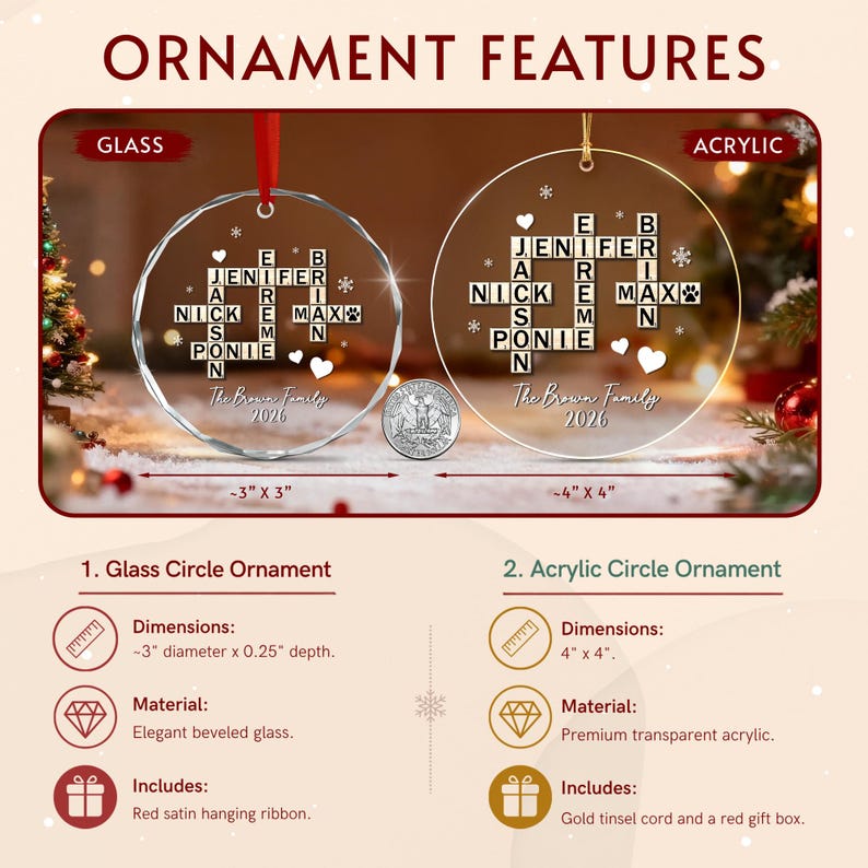 Two circular ornaments, one glass and one acrylic, featuring a crossword-style design with the names Jenifer, Brian, Nick, Max, and Ponie, plus the text The Brown Family 2026.