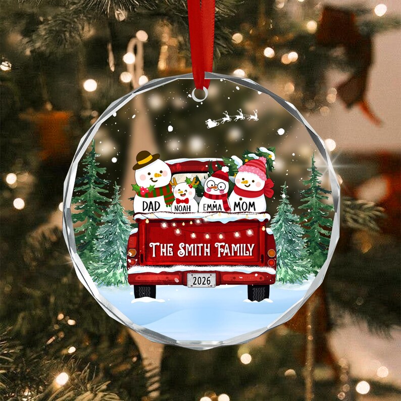 Snowman Truck Family Name Ornament