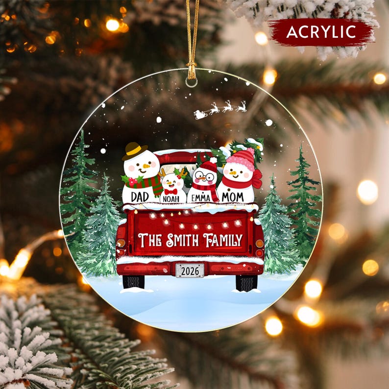 Snowman Truck Family Name Ornament