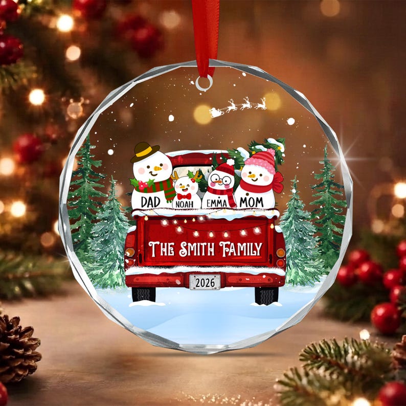 Snowman Truck Family Name Ornament