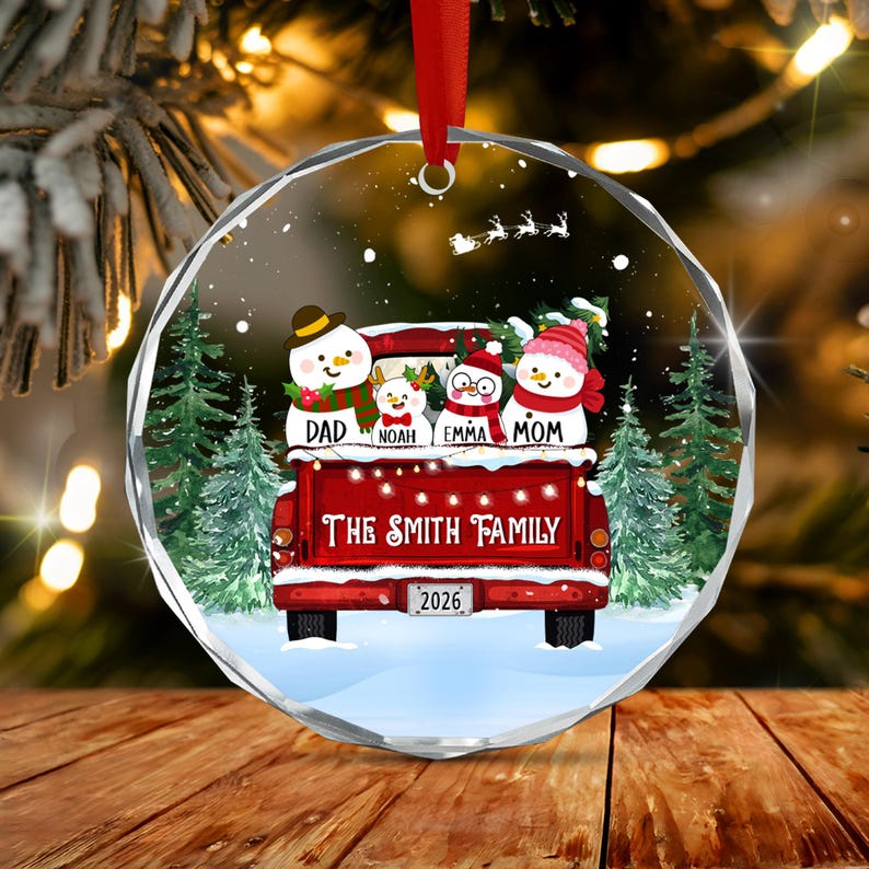 Snowman Truck Family Name Ornament