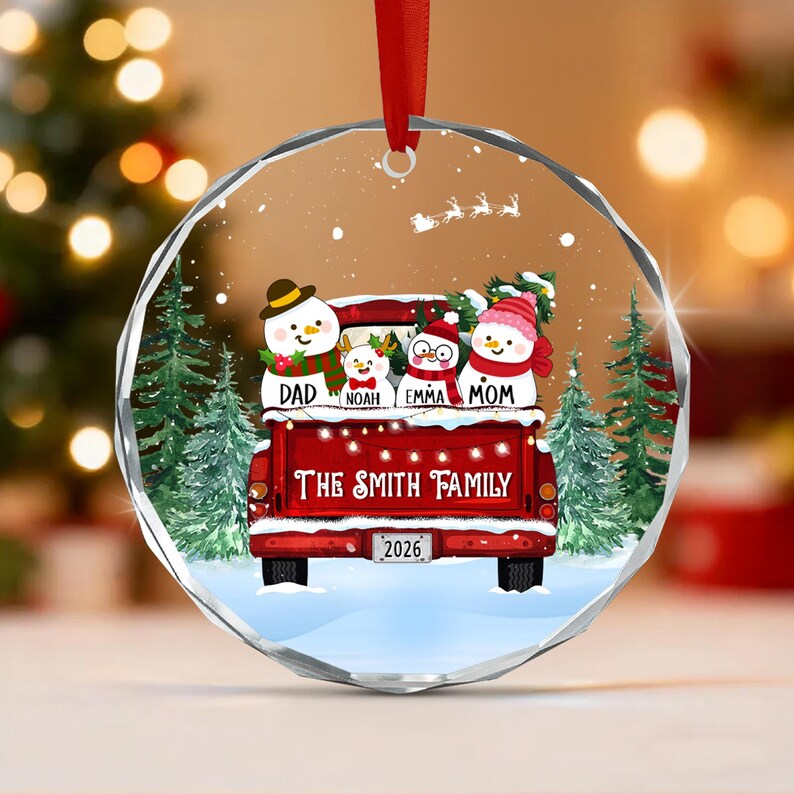 Snowman Truck Family Name Ornament