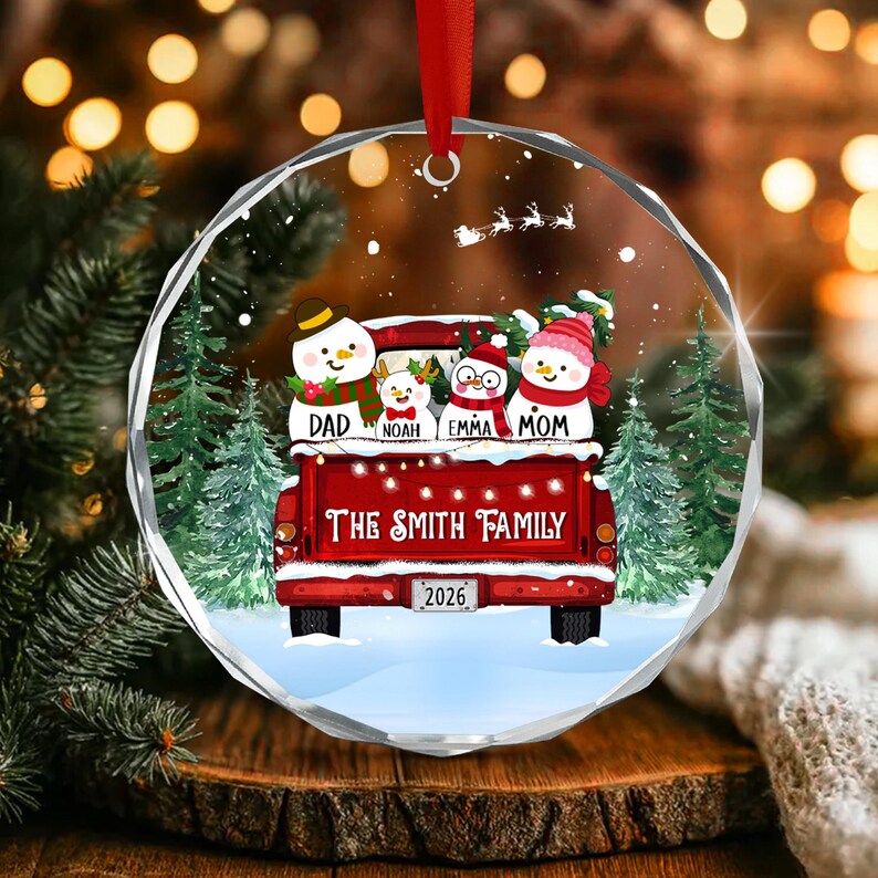 Snowman Truck Family Name Ornament