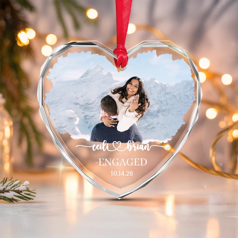 Engagement Photo Heart Glass Ornament