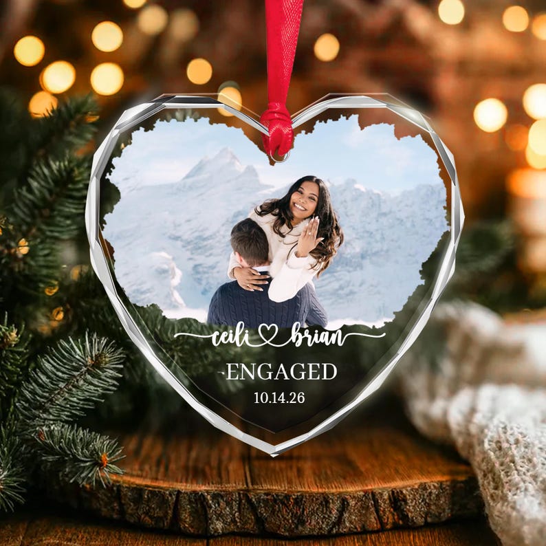 Engagement Photo Heart Glass Ornament