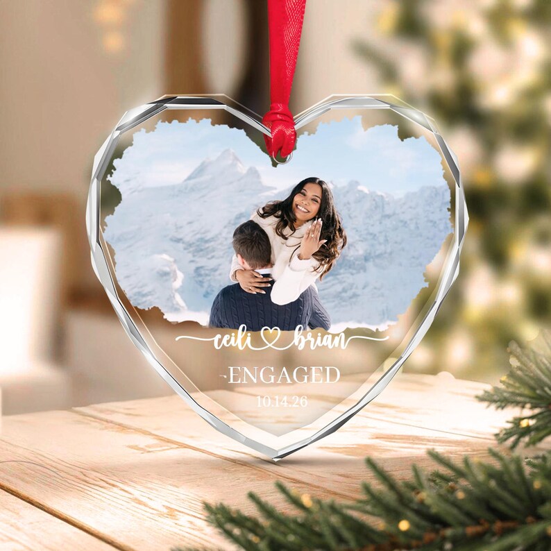 Engagement Photo Heart Glass Ornament