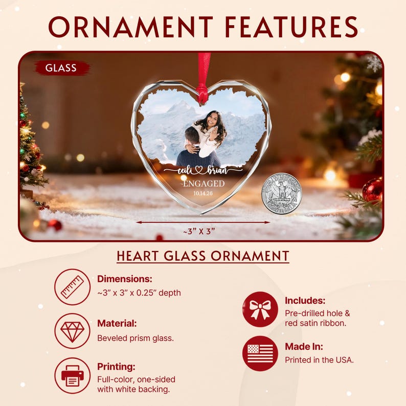Engagement Photo Heart Glass Ornament