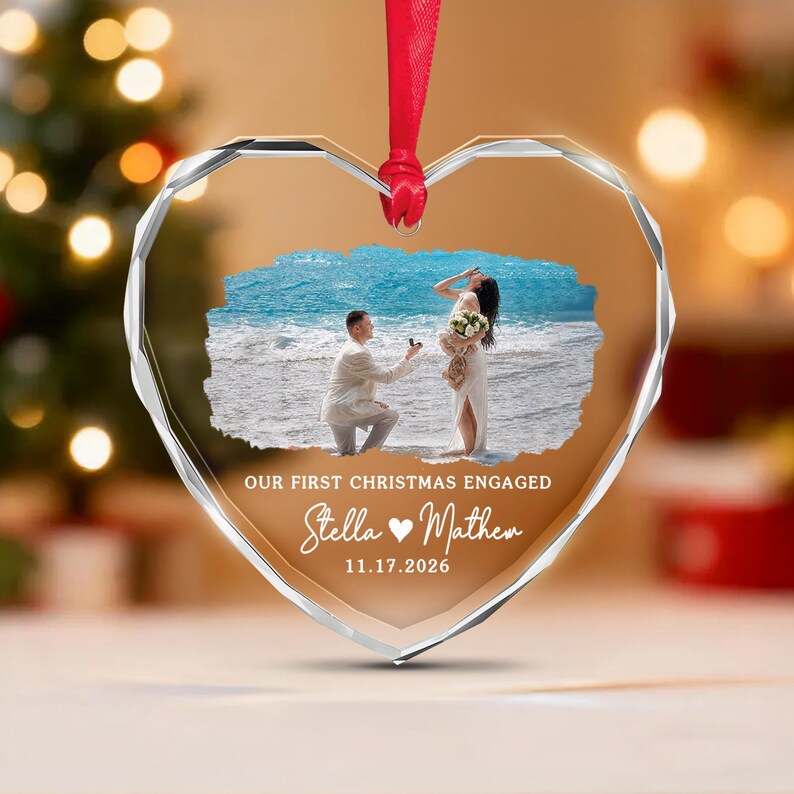 First Christmas Engaged Photo Glass Ornament