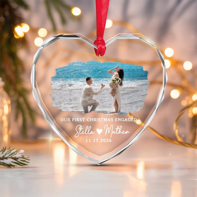 First Christmas Engaged Photo Glass Ornament