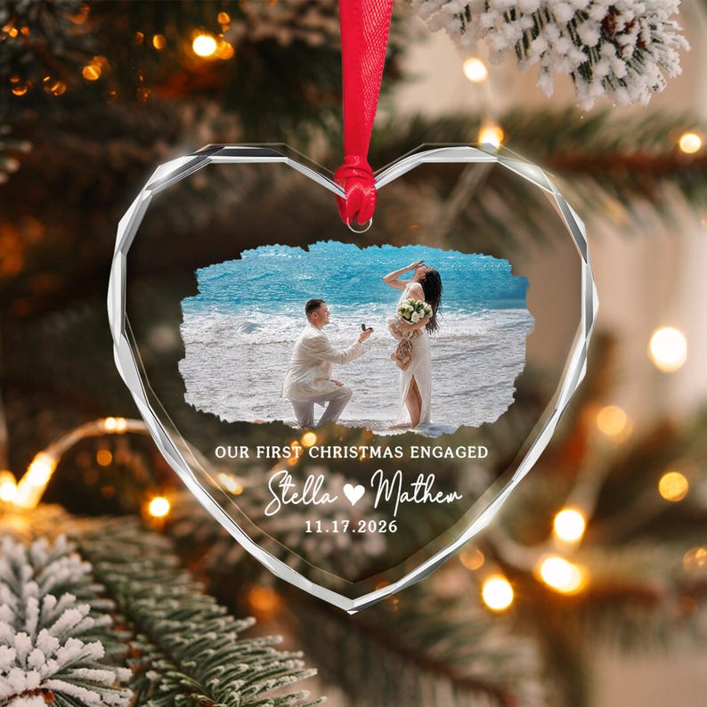 First Christmas Engaged Photo Glass Ornament