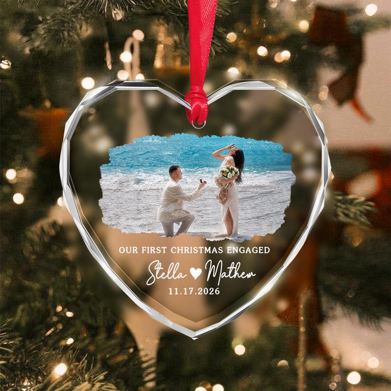First Christmas Engaged Photo Glass Ornament