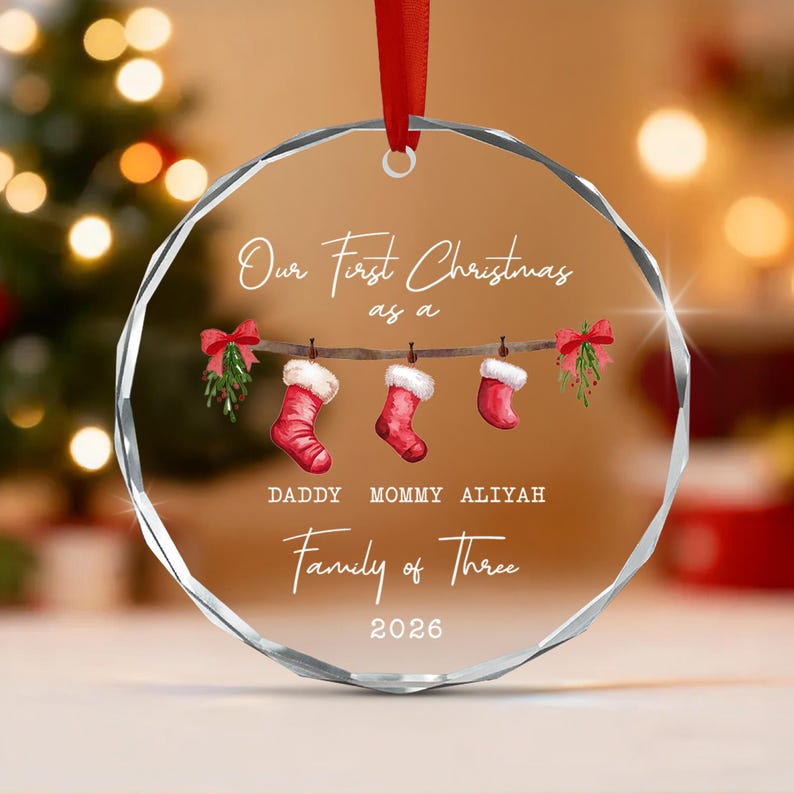 Family of 3 Stocking Glass Ornament