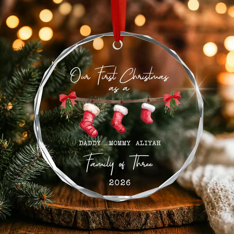 Family of 3 Stocking Glass Ornament