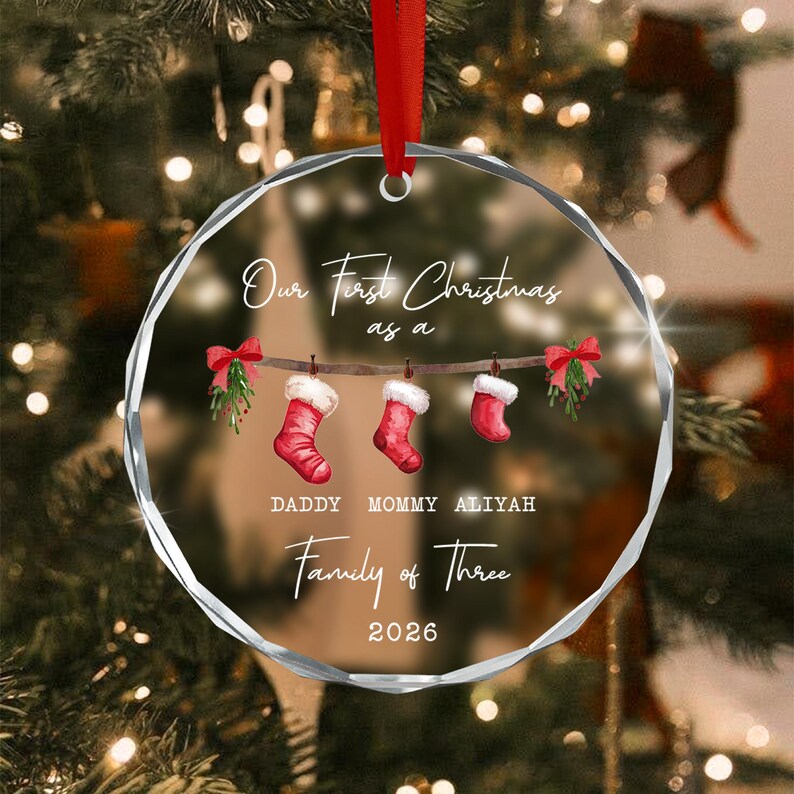 Family of 3 Stocking Glass Ornament