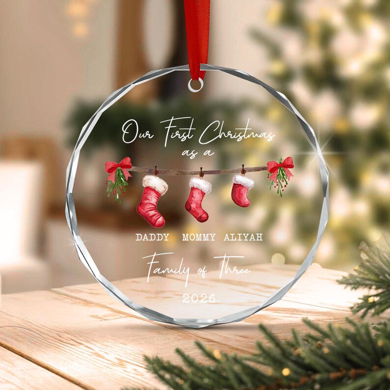 Family of 3 Stocking Glass Ornament