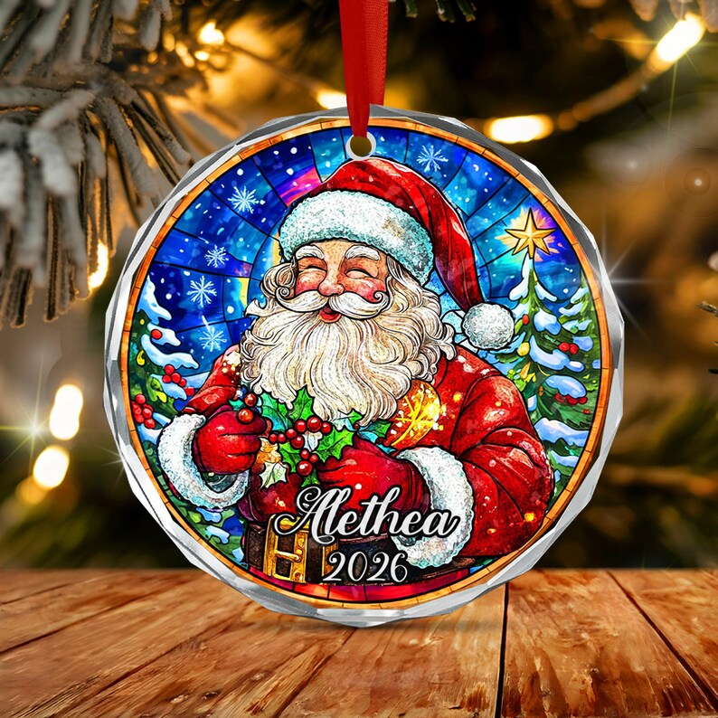 Santa Kid Name Crystal Glass Ornament