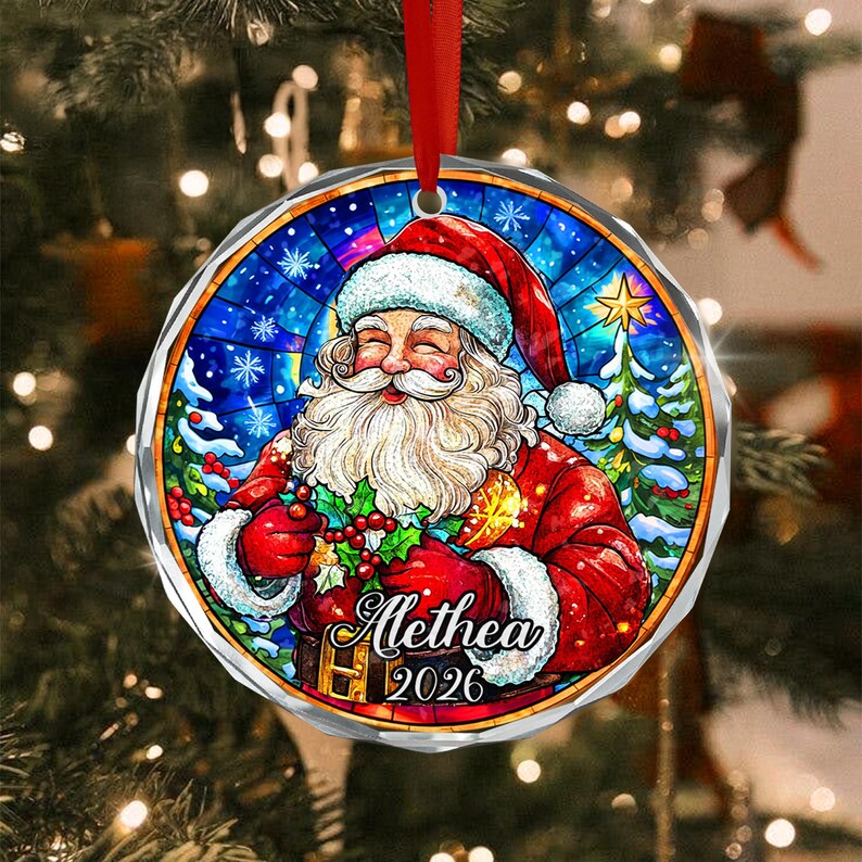 Santa Kid Name Crystal Glass Ornament