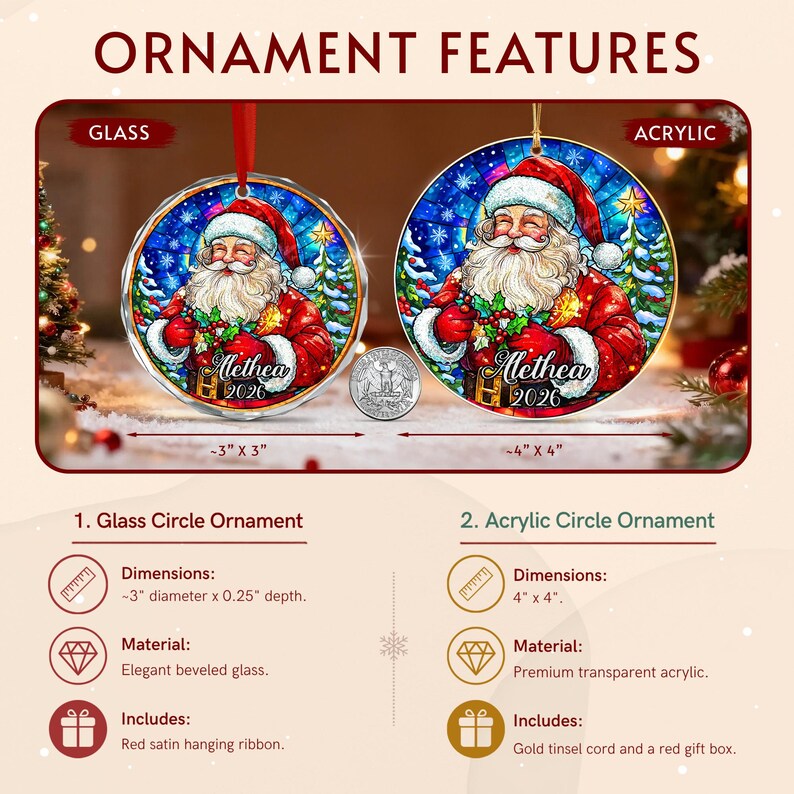 Two round Christmas ornaments featuring a Santa Claus illustration with the name Alethea and the year 2026.