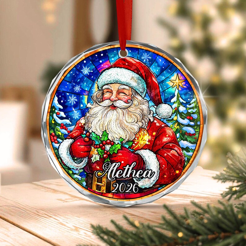 Santa Kid Name Crystal Glass Ornament