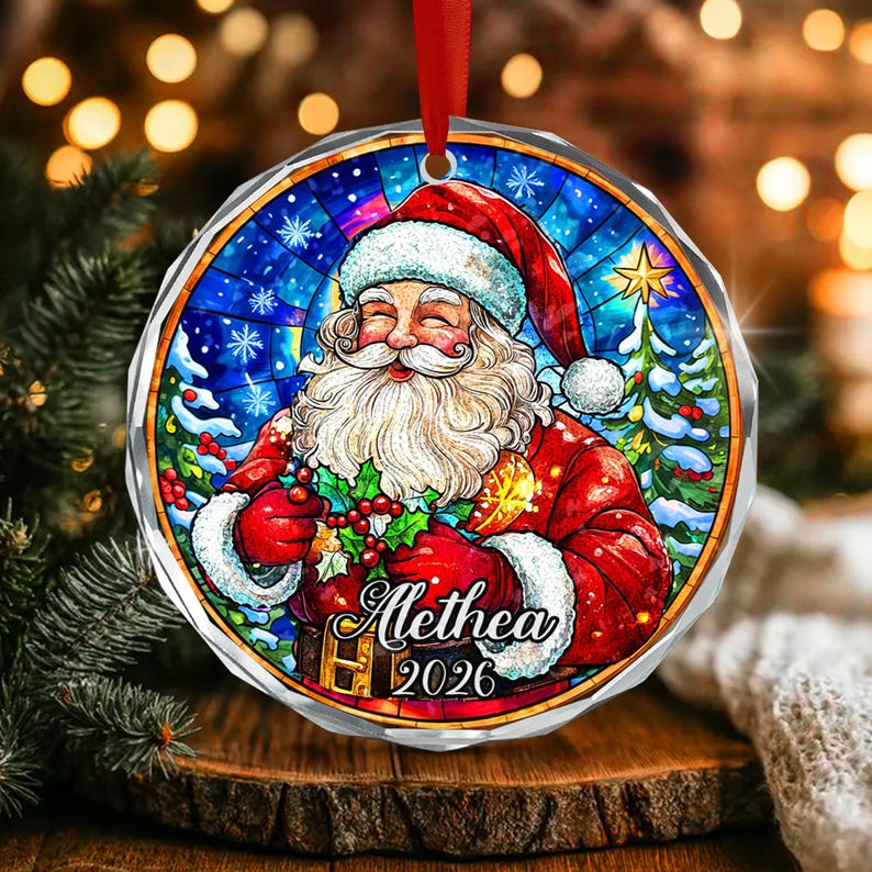 Santa Kid Name Crystal Glass Ornament