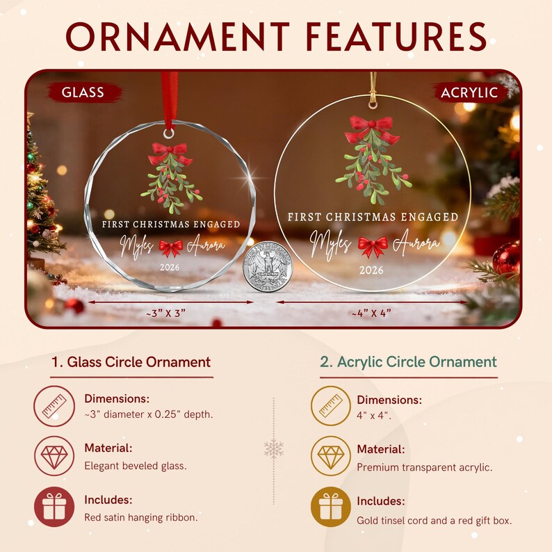 Two circular Christmas ornaments labeled First Christmas Engaged with the names Myles and Aurora and the year 2026.