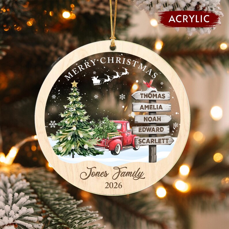 Winter Red Truck Family Name Ornament